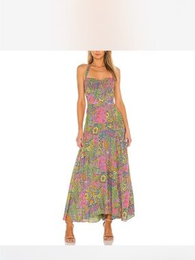SWF Printed Halter Maxi Dress in Pink & Green